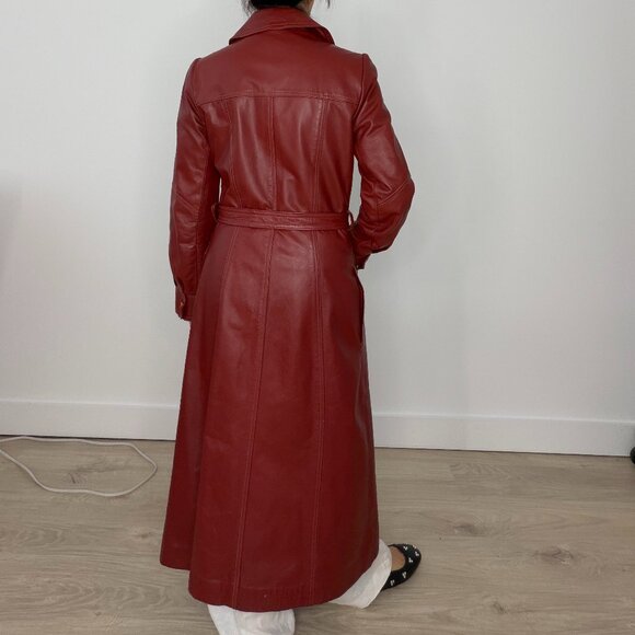 deep red leather trench coat S - Picture 4 of 11